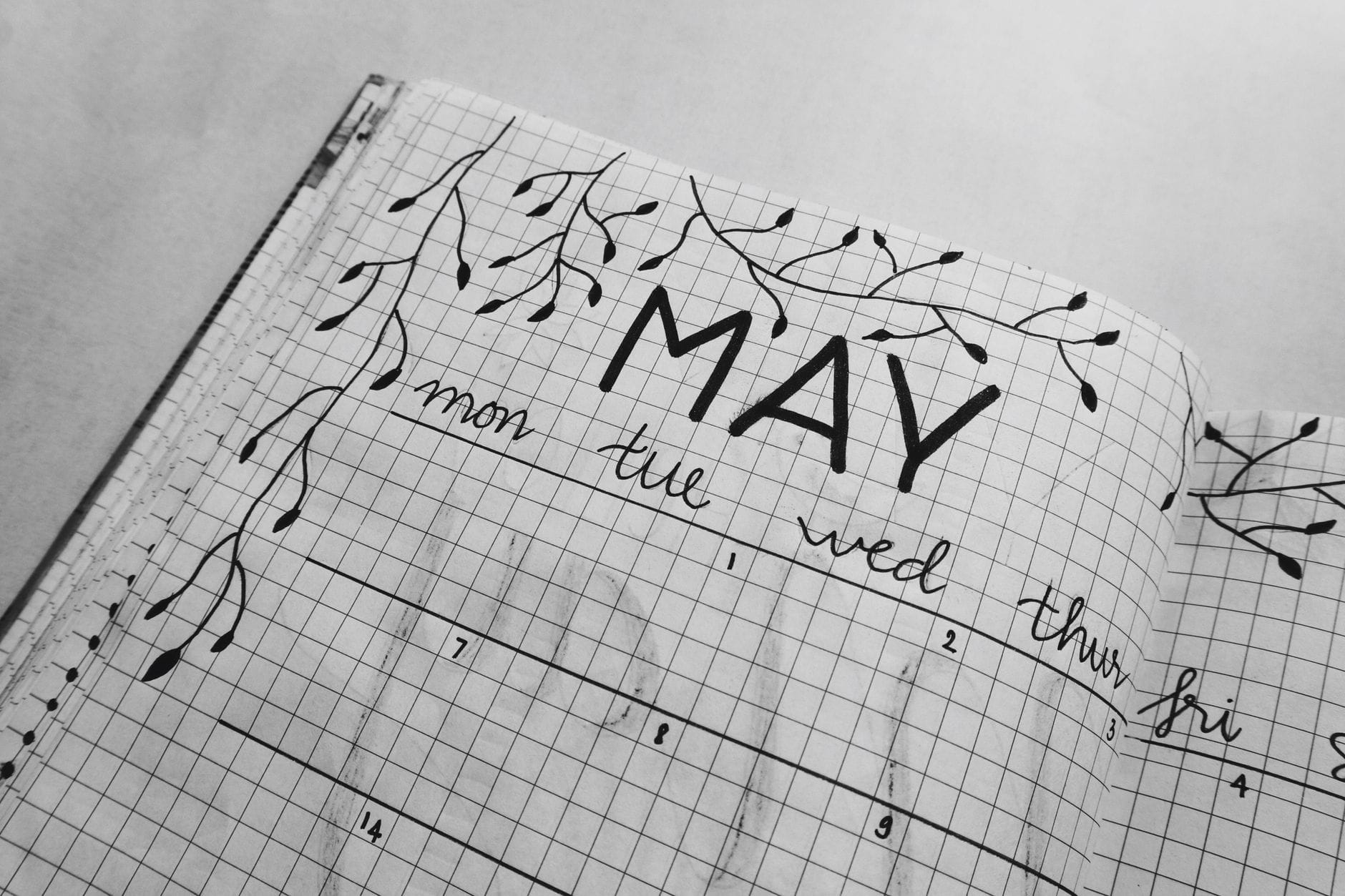 Czarno-biały bullet journal z majowym planem i rysunkami liści